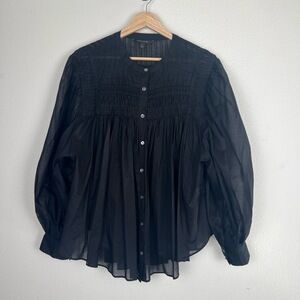 Banana Republic Blouse Womens Medium Black Smocked Button Up Airy Coquette Sheer